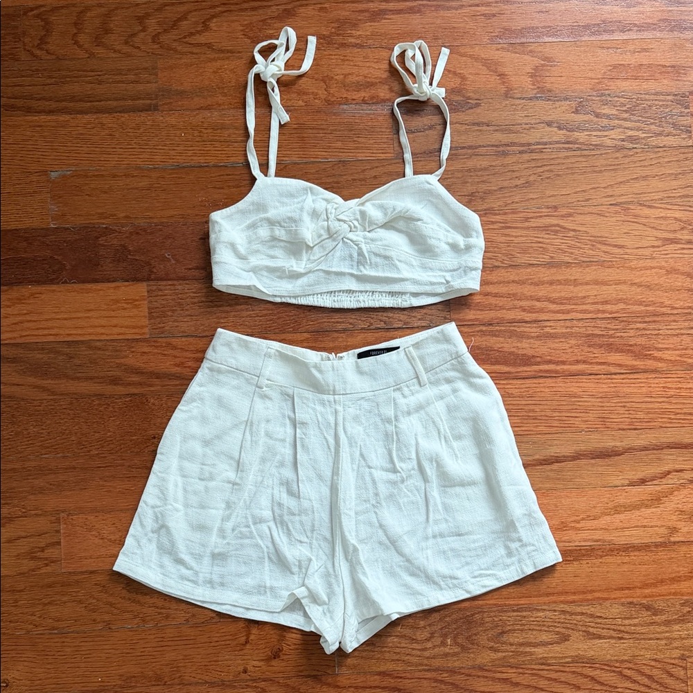 Forever 21 Cream Bow-Tie Crop Top and Shorts Set